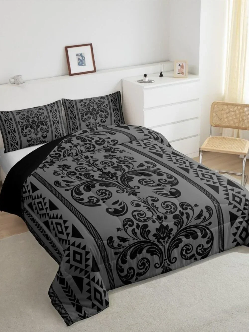 Comforter Set Twin Size,Grey Black Aztec Damask 2 Pcs Bedding for Kids and Adult